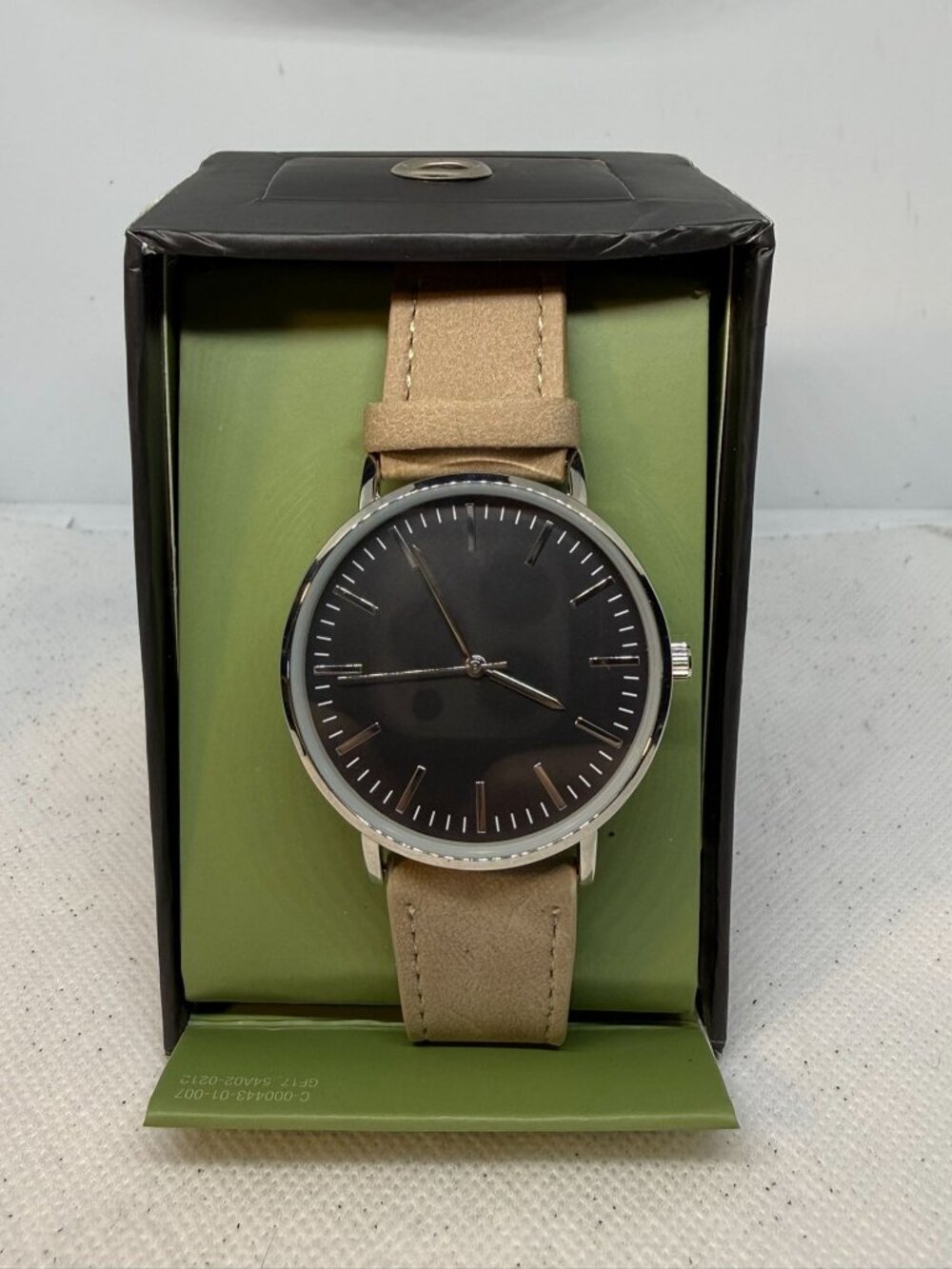 Goodfellow & Co Mens Value Strap Watch Black Dial Silver Tan Faux Leather